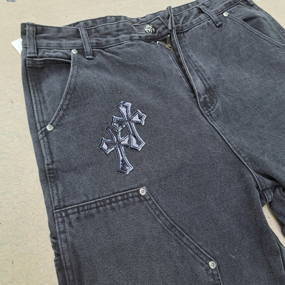 Chrome Hearts Carpenter Dark Gray Jeans with Patent Leather Cross Accents - Picture 2 of 6